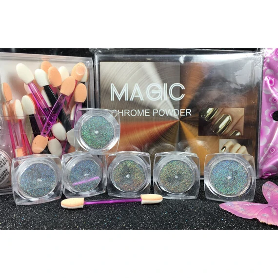 MAGIC MIRROR SILVER CHROME POWDERS 6 PCS KIT WITH SPONGE STICKS MGP24